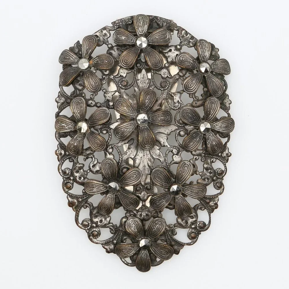 Vintage‎ Filigree Openwork and Brass Flowers With Marcasites Dress Clip 1930s